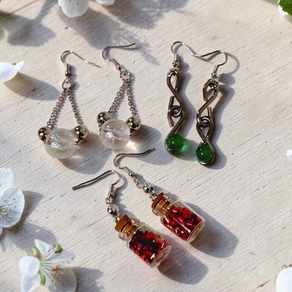 (3) PAIRS Handmade Jewelry Green Infinity Mickey Mouse & Red Bottle Earrings